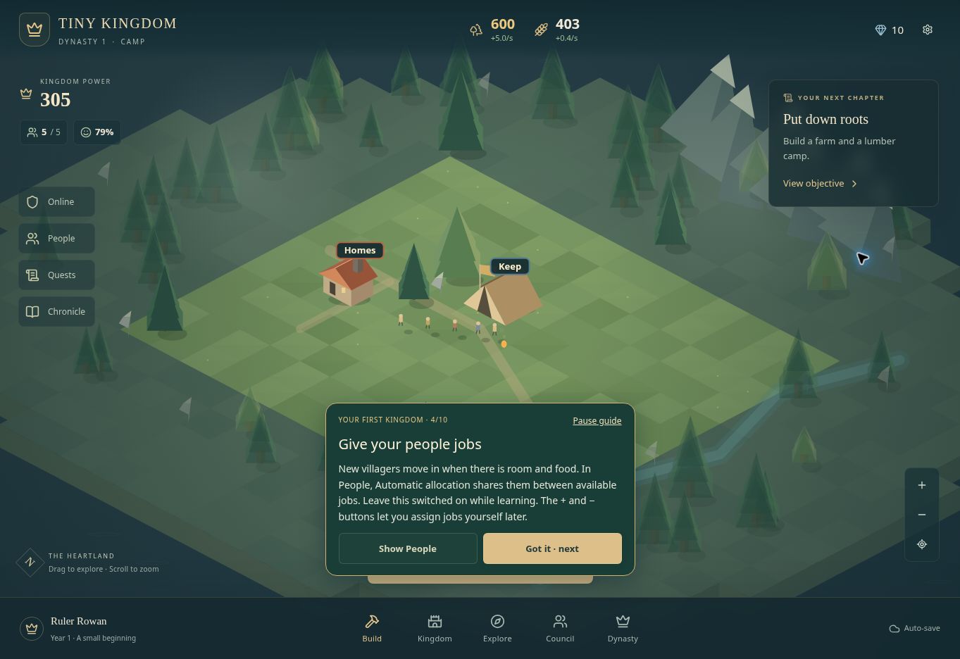 Tiny Kingdom's guided tutorial over the first settlement